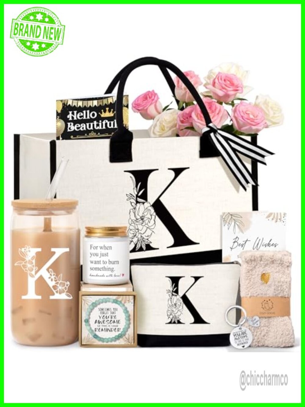 Monogram Tote Bag Set Canvas Cosmetic Bag Glass Cup Candle Gift for Women
